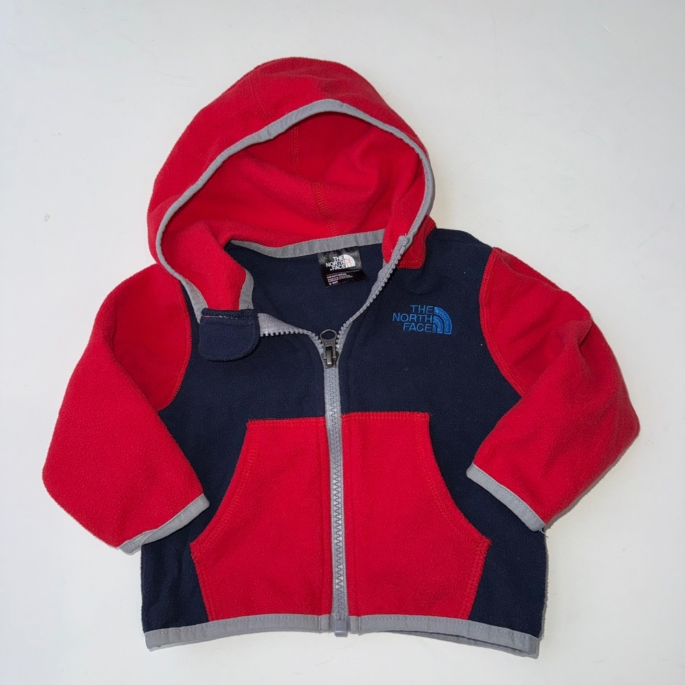 NORTH FACE Infant 3-6 Month Red Blue Long Sleeve Hooded Fleece Full Zip Jacket